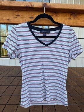 Tommy Hilfiger White V-Neck Tee with Navy and Red Stripes